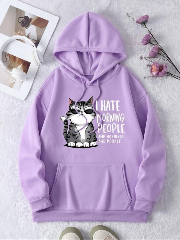 Women's Cat & Letter Print Drop Shoulder Hoodie, Fashion Casual Drawstring Pocket Hooded Sweatshirt for Daily Holiday...