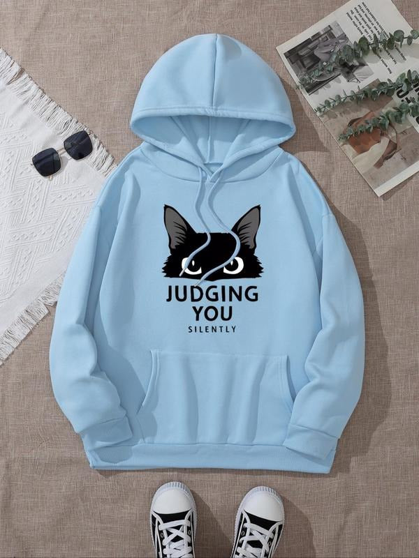Women's Cat & Letter Print Hoodie, Fashion Casual Hooded Sweatshirt for Daily Holiday Outdoor Wear, Women Clothing for...