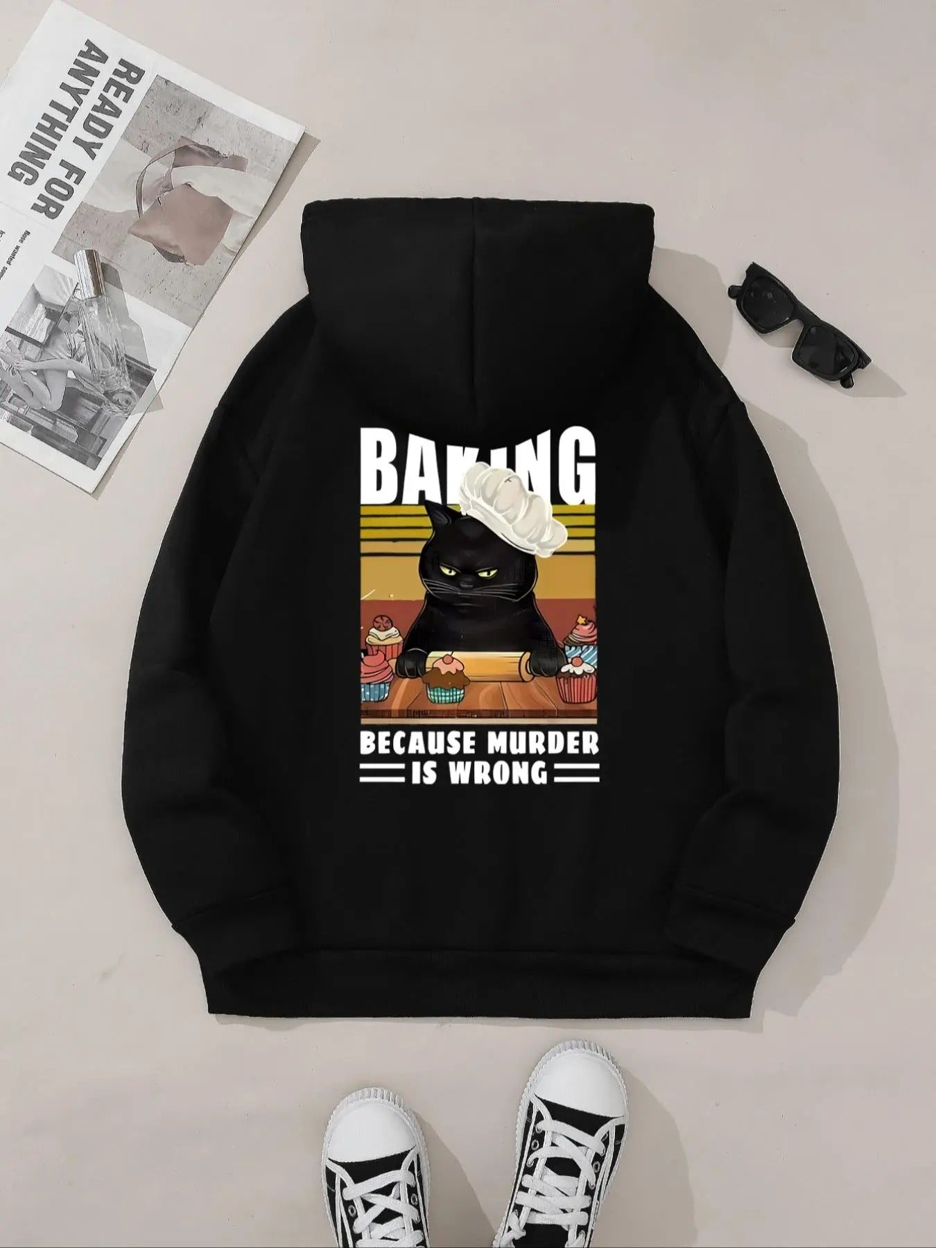 Women's Cat & Letter Print Hoodie, Fashion Casual Hooded Sweatshirt for Daily Holiday Outdoor Wear, Women Clothing for...