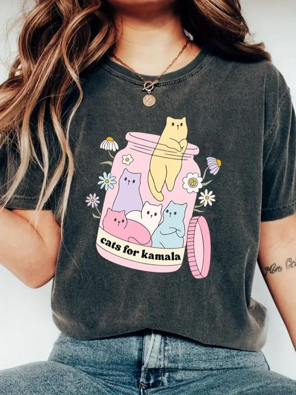 Women's Cat & Letter Print Round Neck Tee, Casual Cute Graphic Short Sleeve T-shirt for Daily Wear, Ladies Clothes for...