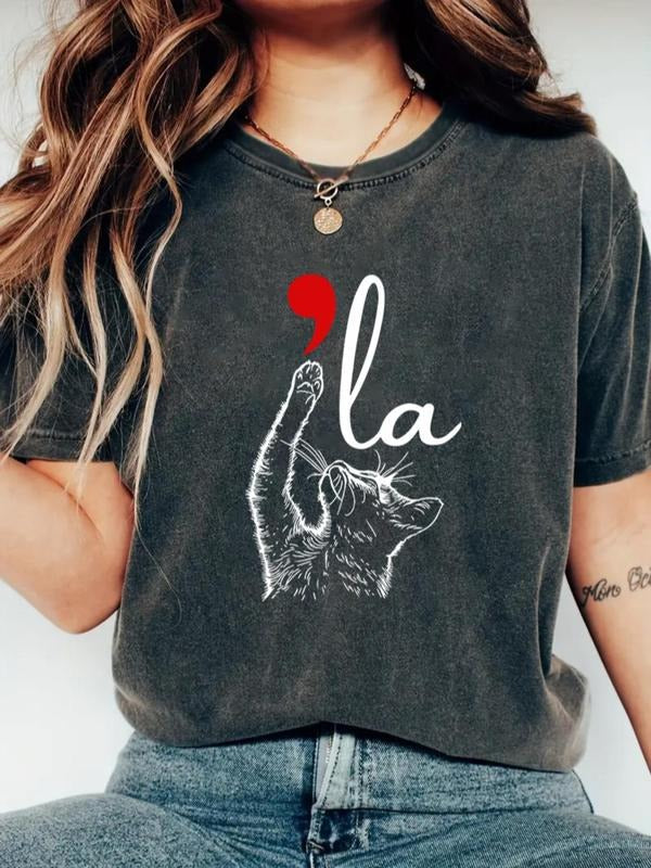 Women's Cat & Letter Print Round Neck Tee, Casual Geometric Print Short Sleeve T-shirt for Daily Wear, Ladies Clothes for...