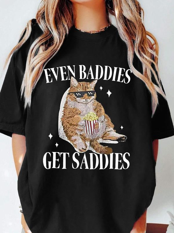 Women's Cat & Letter Print Round Neck Tee, Fashion Casual Crew Neck T-Shirt for Daily Holiday Vacation Outdoor Wear,...