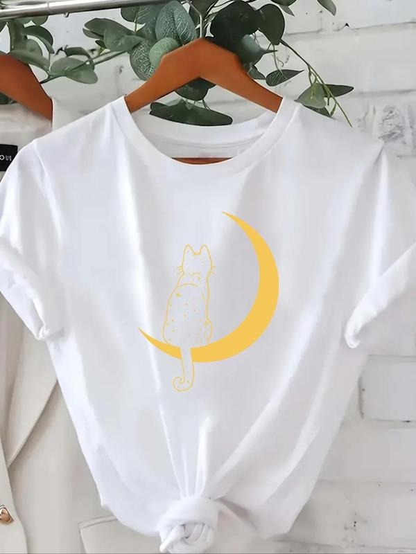Women's Cat & Moon Print Round Neck Graphic Tee, Vintage Trendy Casual Short Sleeve T-shirt for Daily Wear, Ladies All...
