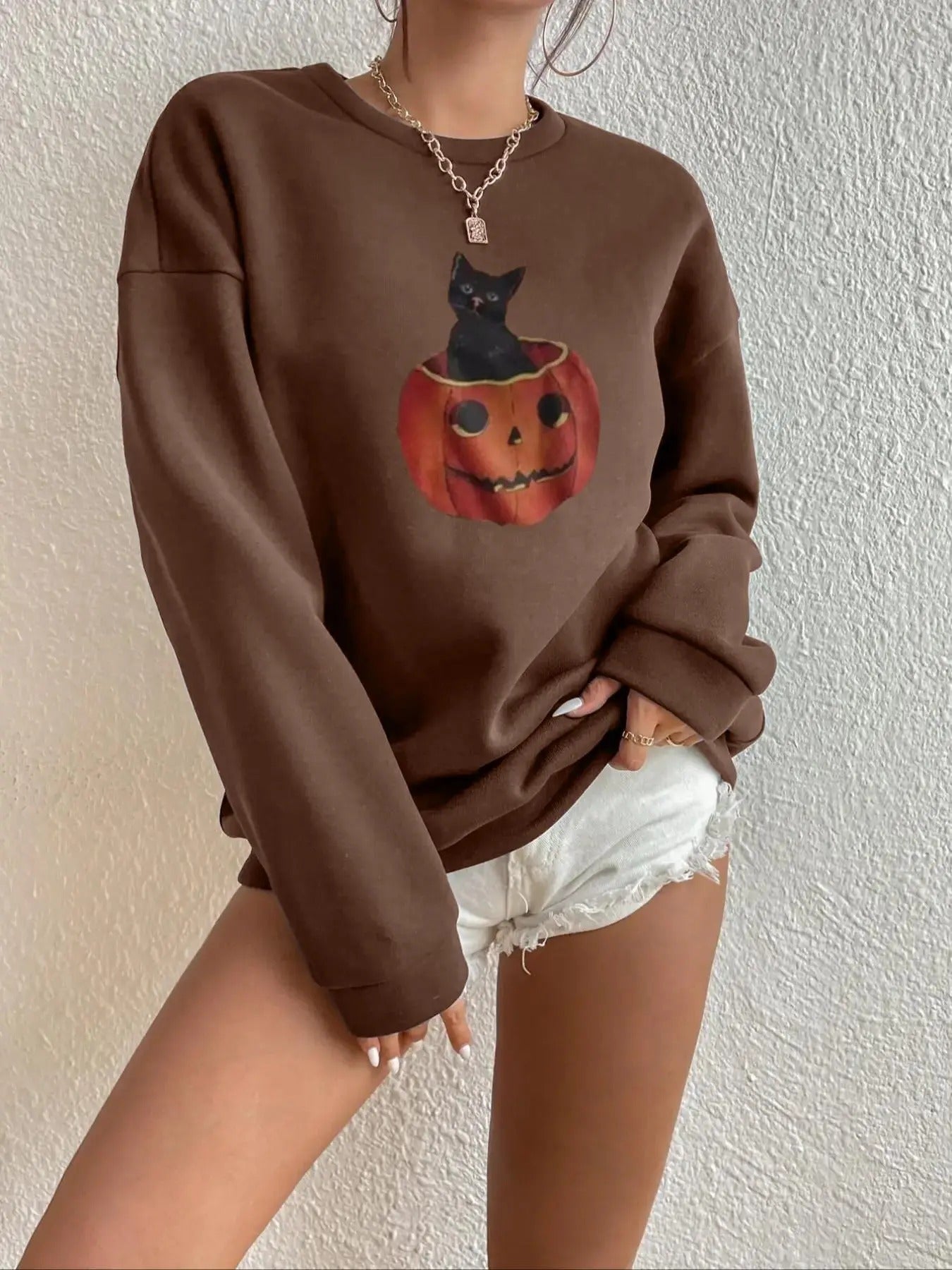 Women's Cat & Pumpkin Print Drop Shoulder Sweatshirt, Halloween Themed Casual Long Sleeve Round Neck Pullover for Daily...