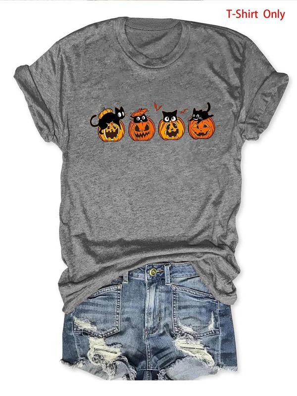 Women's Cat & Pumpkin Print Round Neck Tee, Cute Short Sleeve T-Shirt for Daily Wear, Ladies Clothes for All Seasons,...