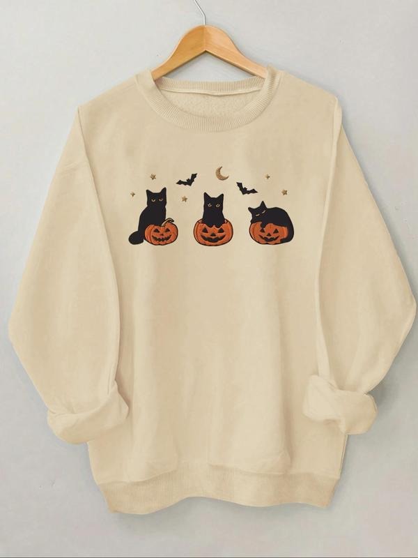 Women's Cat & Pumpkin Print Sweatshirt, Casual Drop Shoulder Long Sleeve Pullover, Women's Top for Daily Wear, Halloween...