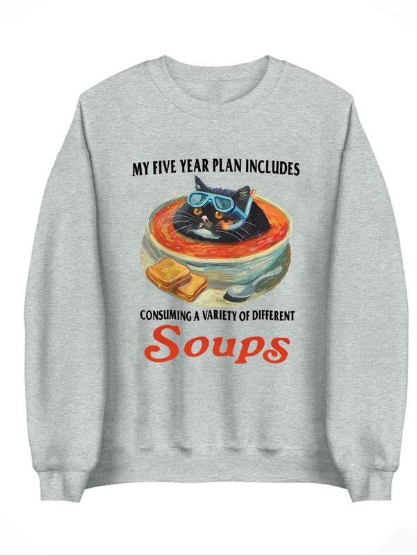 Women's Cat & Soup Print Crew Neck Sweatshirt, Casual Long Sleeve Pullover for Daily Wear, Ladies Clothes for All Seasons...
