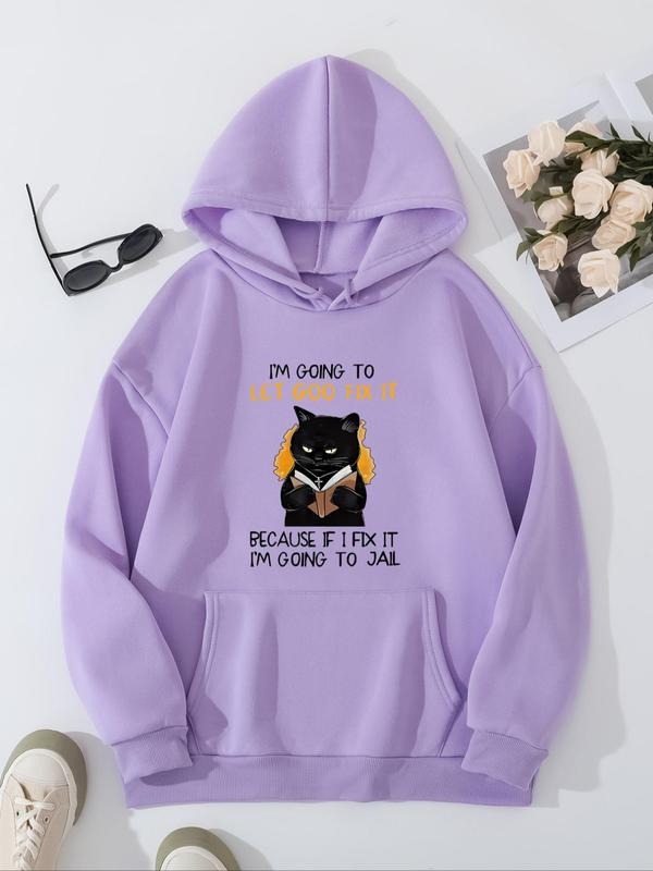 Women's Cat  Letter Print Drop Shoulder Hoodie, Casual Drawstring Pocket Hooded Sweatshirt for Daily Holiday Outdoor...