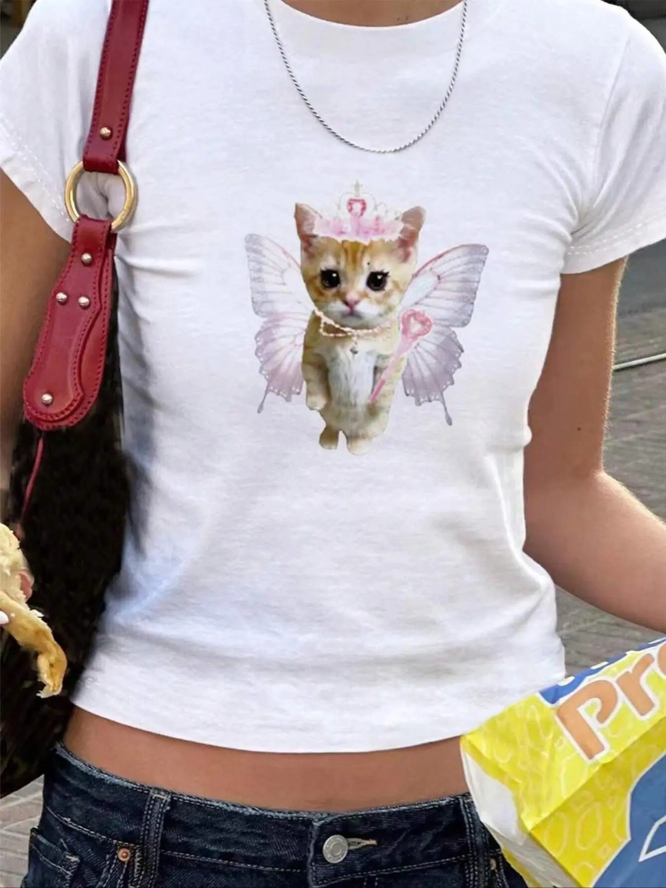 Women's Cat Angel & Butterfly Print Round Neck Tee, Casual Short Sleeve Crew Neck T-Shirt for Summer, Fashion Women's Top...