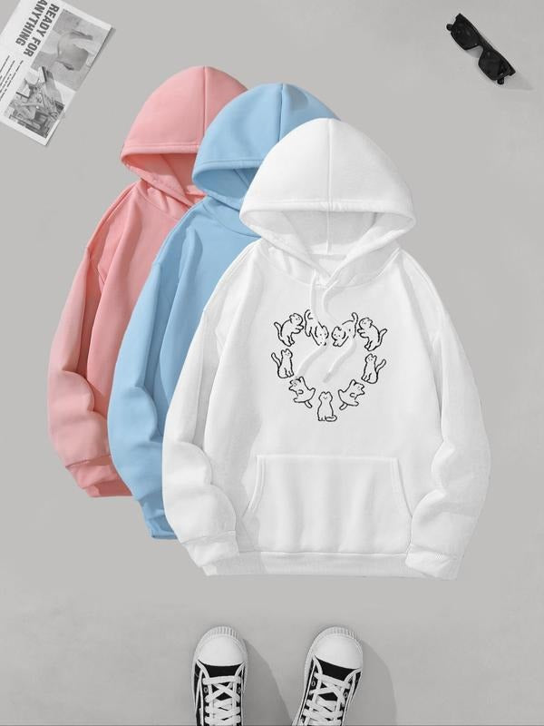 Women's Cat Heart Print Drop Shoulder Hoodie, Fashion Casual Drawstring Pocket Hooded Sweatshirt for Daily Holiday...