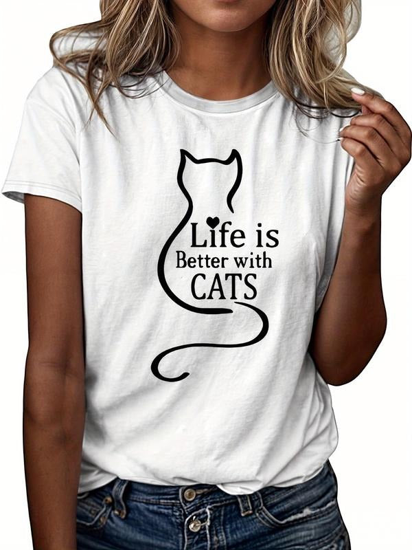 Women's Cat Letter Print Round Neck Tee, Vintage Trendy Casual Short Sleeve T-shirt for Daily Wear, Ladies All Seasons...