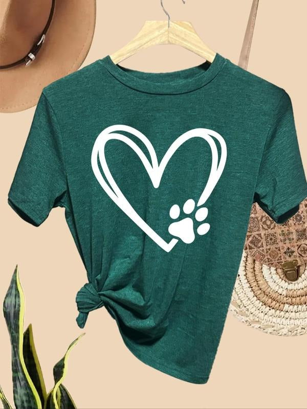 Women's Cat Paw & Heart Print Round Neck Tee, Casual Short Sleeve Crew Neck T-shirt for Summer, Fashion Women's Top for...