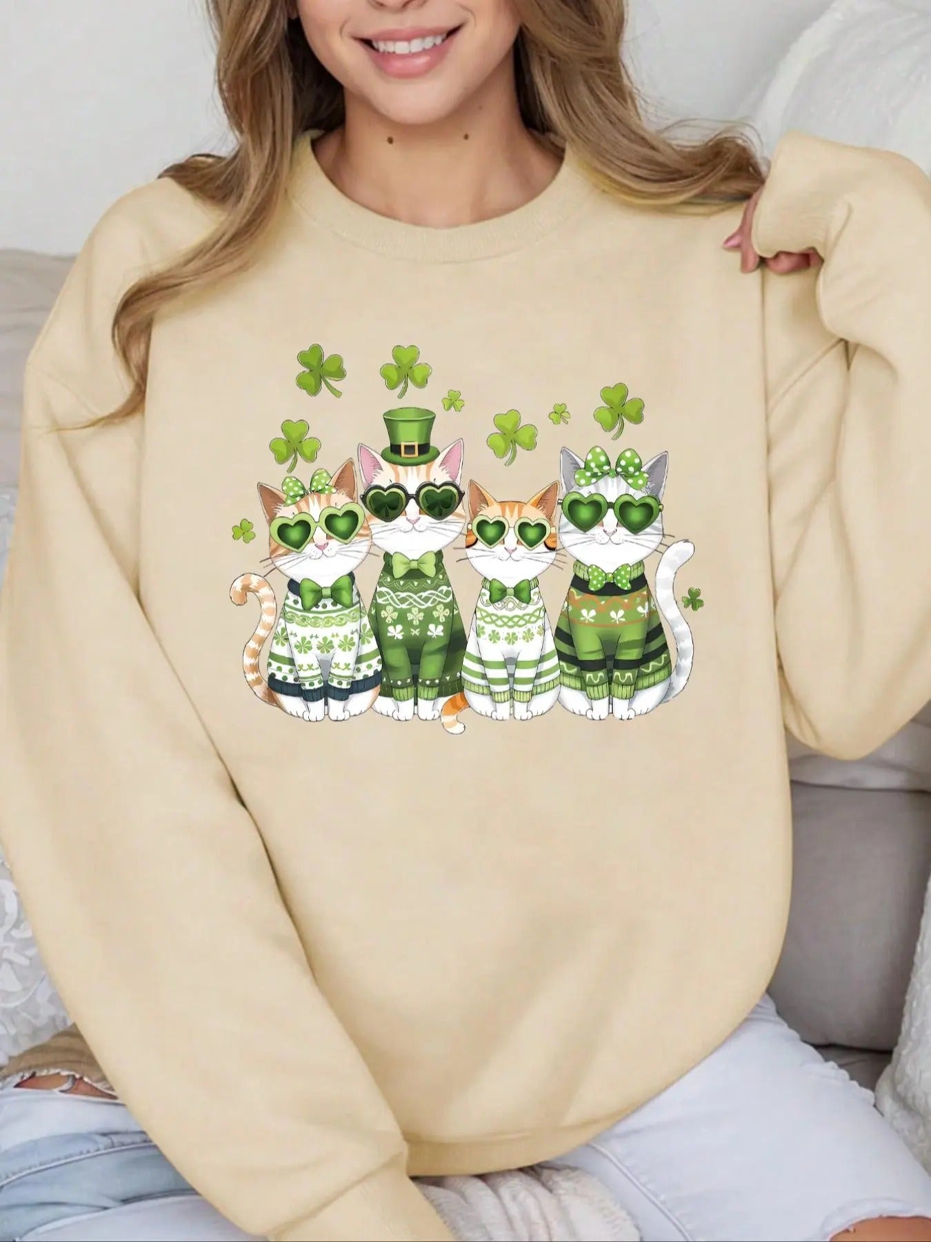Women's Cat Print Crew Neck Sweatshirt, Casual Long Sleeve Pullover for Daily Wear, Ladies Spring Clothes T-Shirts, Hoodie