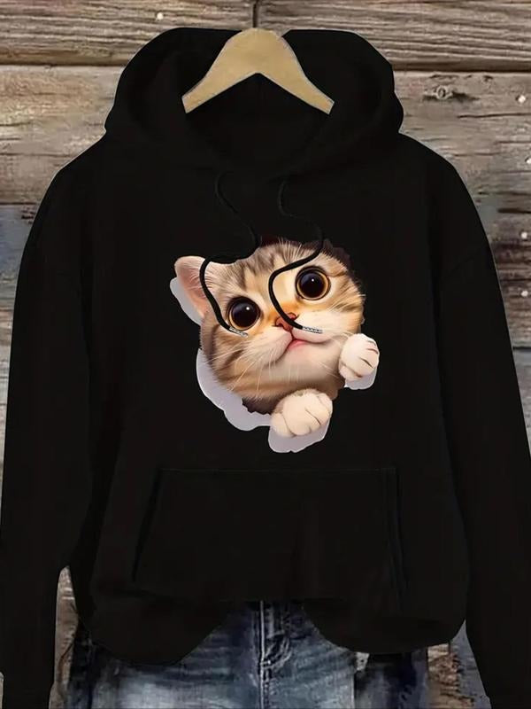 Women's Cat Print Drawstring Hoodie, Fashion Casual Hooded Sweatshirt for Daily Holiday Outdoor Wear, Women Clothing for...