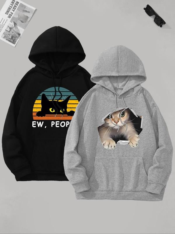 Women's Cat Print Drawstring Pocket Hoodie, Casual Long Sleeve Hooded Sweatshirt for Fall & Winter, Ladies Clothes for...