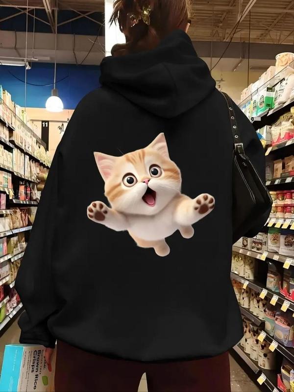 Women's Cat Print Drop Shoulder Drawstring Hoodie, Fashion Casual Pocket Hooded Sweatshirt for Daily Holiday Outdoor...