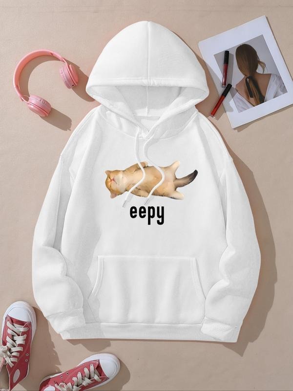 Women's Cat Print Hoodie, Casual Long Sleeve Hooded Sweatshirt for Fall & Winter, Women's Clothes for Daily Wear T-Shirts