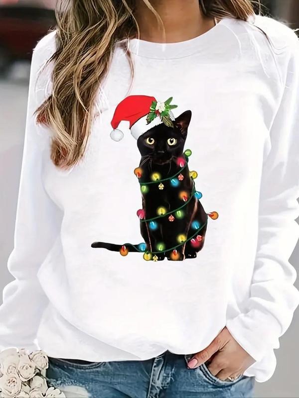 Women's Cat Print Round Neck Sweatshirt, Casual Long Sleeve Crew Neck Pullover for Fall & Winter, Fashion Women's Top for...