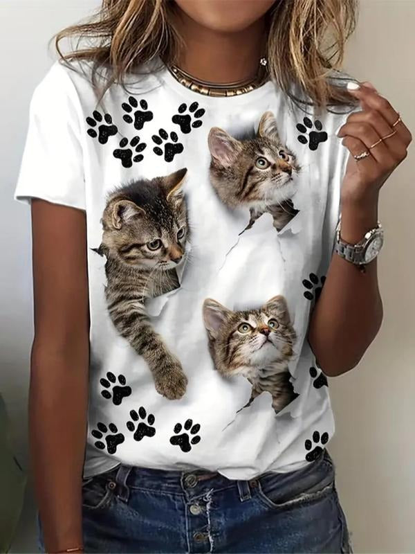 Women's Cat Print Round Neck Tee, Fashion Casual Crew Neck T-Shirt for Daily Holiday Vacation Outdoor Wear, Ladies...
