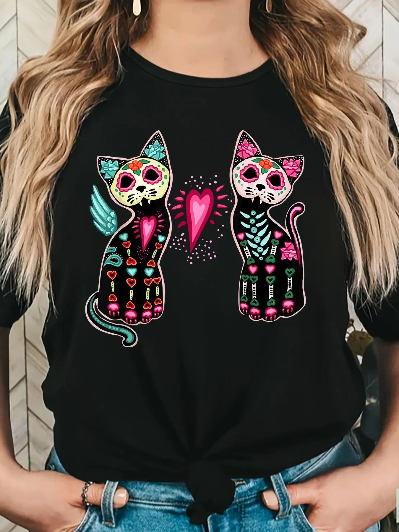 Women's Cat Print Round Neck Tee, Fashion Casual Crew Neck T-shirt for Daily Holiday Vacation Outdoor Wear, Ladies...