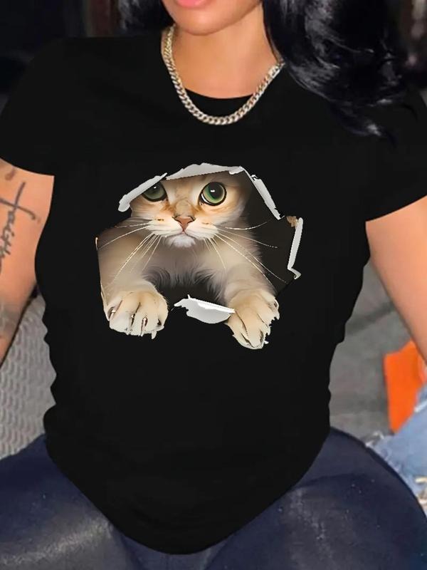 Women's Cat Print Round Neck Tee, Summer Clothes Women, Vintage Graphic Tees, Casual Cute Graphic Short Sleeve T-shirt...