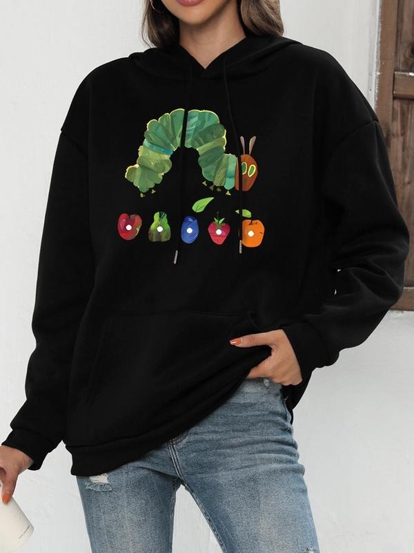 Women's Caterpillar & Fruit Print Drop Shoulder Hoodie, Fashion Casual Drawstring Pocket Hooded Sweatshirt for Daily...