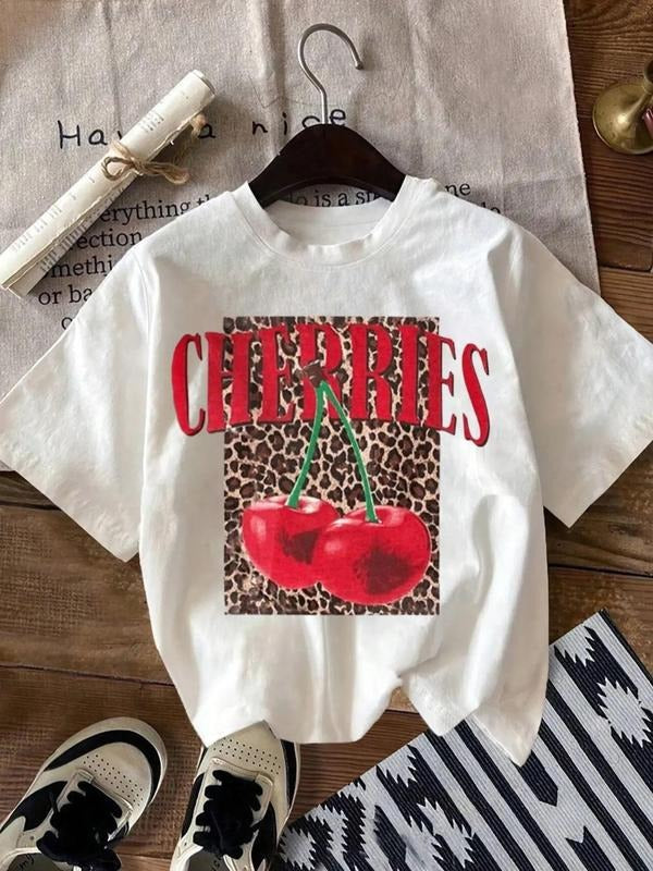 Women's Cherries & Leopard Print Round Neck Tee, Vintage Trendy Casual Short Sleeve T-shirt for Daily Wear, Ladies...