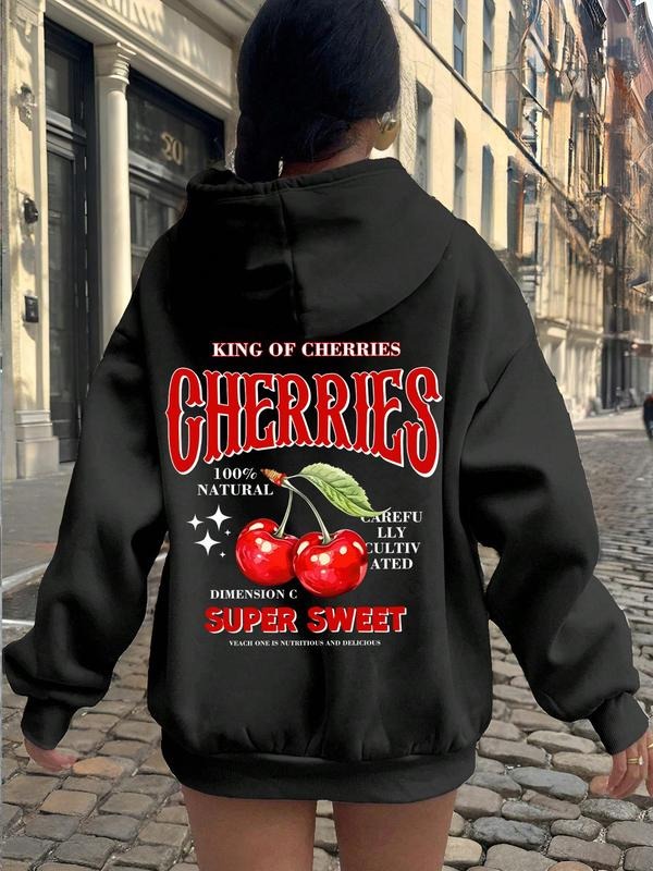 Women's Cherries & Letter Print Drop Shoulder Hoodie, Fashion Casual Drawstring Kangaroo Pocket Hooded Sweatshirt for...