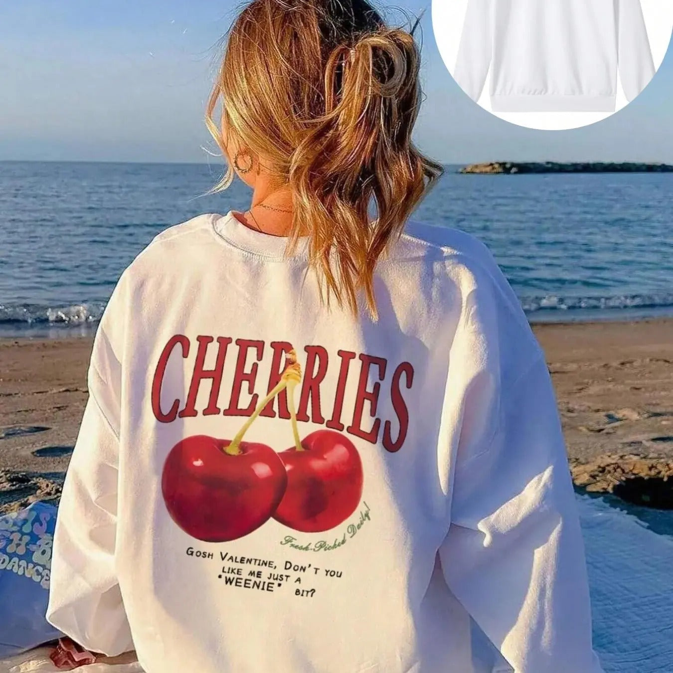 Women's Cherries & Letter Print Drop Shoulder Pullover, Fashion Casual Crew Neck Long Sleeve Sweatshirt for Daily Holiday...