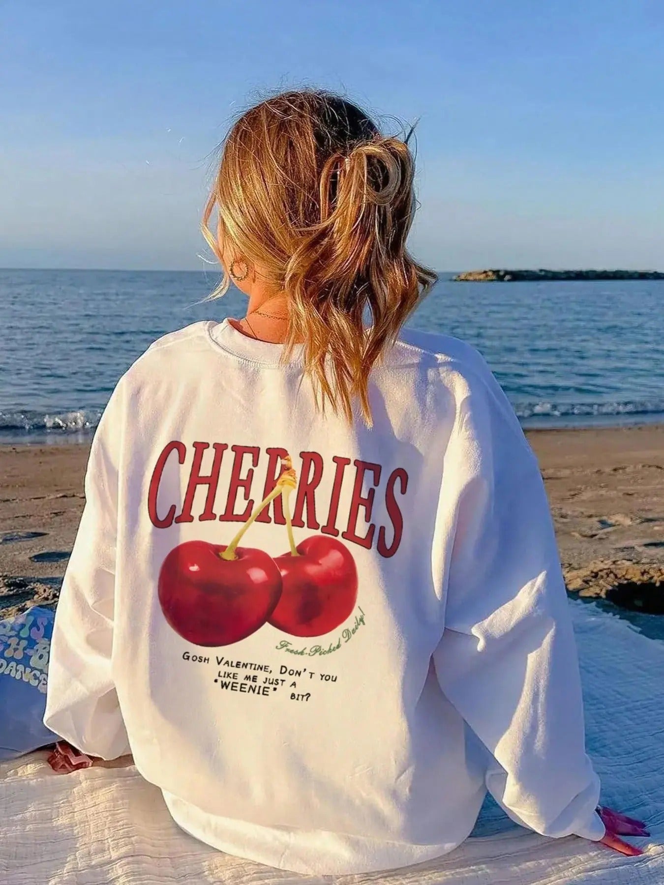 Cherries & Letter Print Drop Shoulder Casual Long Sleeve Round Neck Daily Clothes All Seasons T-Shirts, Hoodie, Sweatshirt