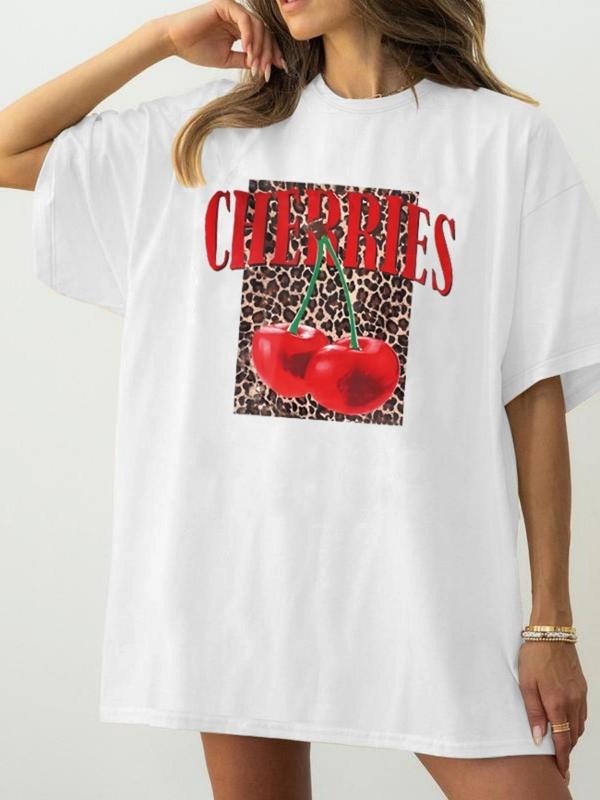 Women's Cherries & Letter Print Round Neck Tee, Casual Short Sleeve Crew Neck T-Shirt for Summer, Fashion Women's Top for...