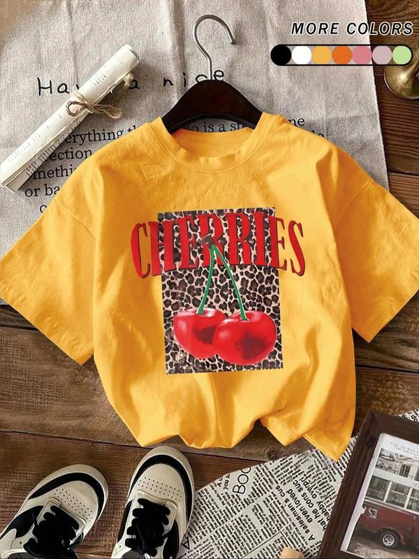 Women's Cherries & Letter Print Round Neck Tee, Fashion Casual Crew Neck T-Shirt for Daily Holiday Vacation Outdoor Wear,...