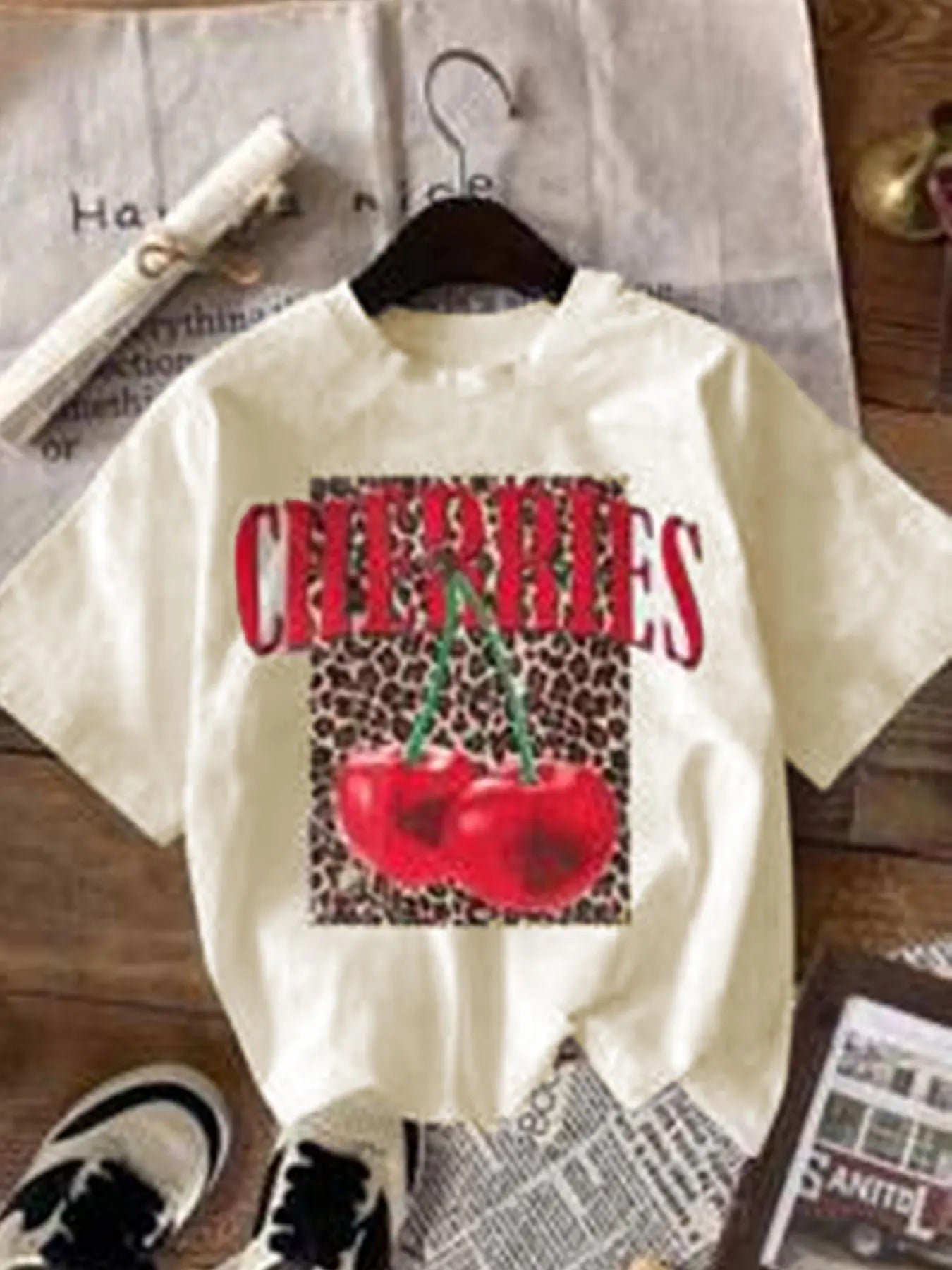 Women's Cherries & Letter Print Round Neck Tee, Fashion Casual Crew Neck T-shirt for Daily Holiday Vacation Outdoor Wear,...