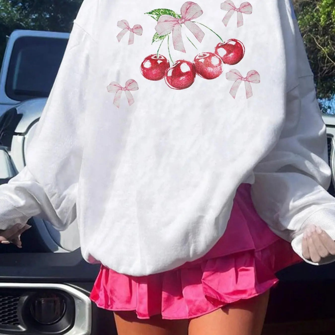 Women's Cherry & Bow Print Drop Shoulder Pullover, Fashion Casual Long Sleeve Round Neck Sweatshirt for Daily Wear,...