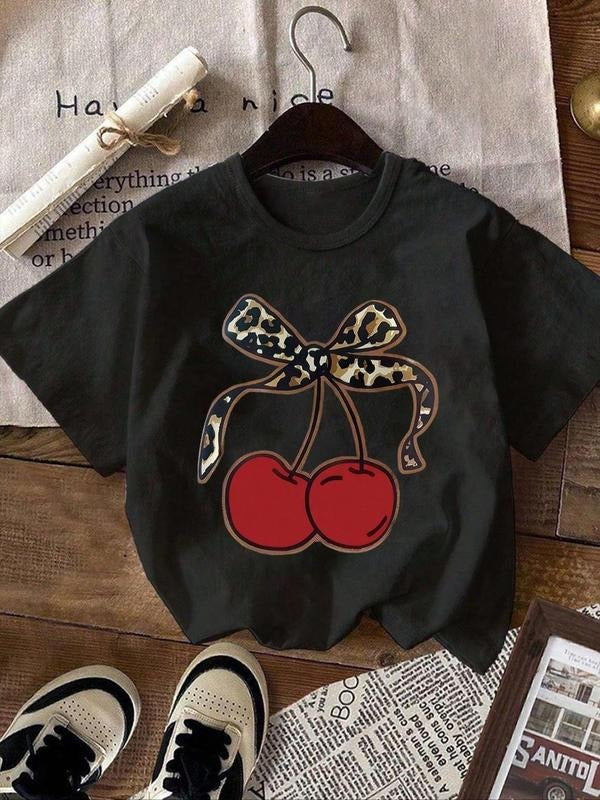 Women's Cherry & Bow Print Round Neck Tee, Casual Short Sleeve Crew Neck T-shirt for Summer, Fashion Women's Top for...