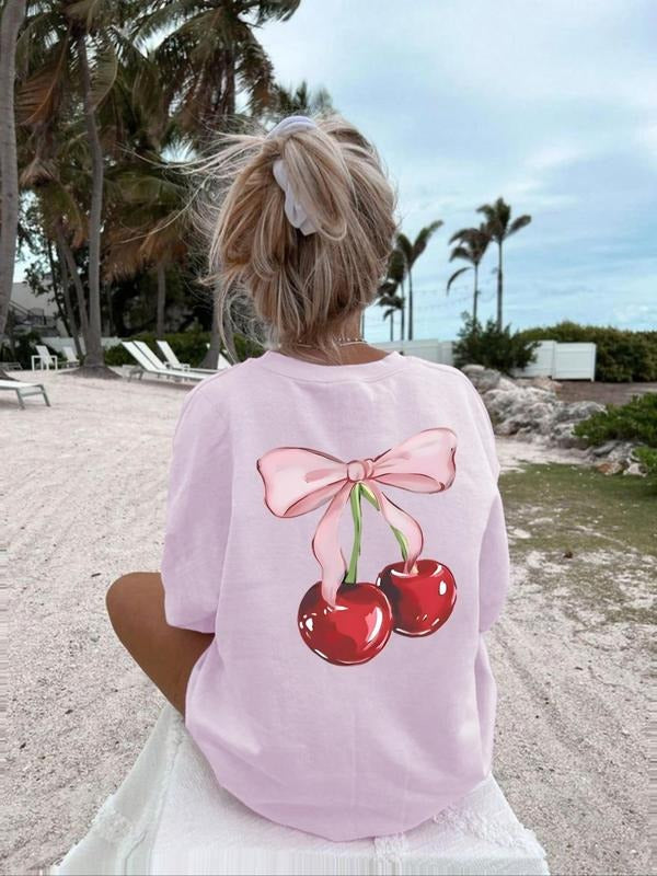 Women's Cherry & Bow Print Round Neck Tee, Fashion Casual Short Sleeve T-shirt, Ladies Summer Clothes for Daily Wear, Top...