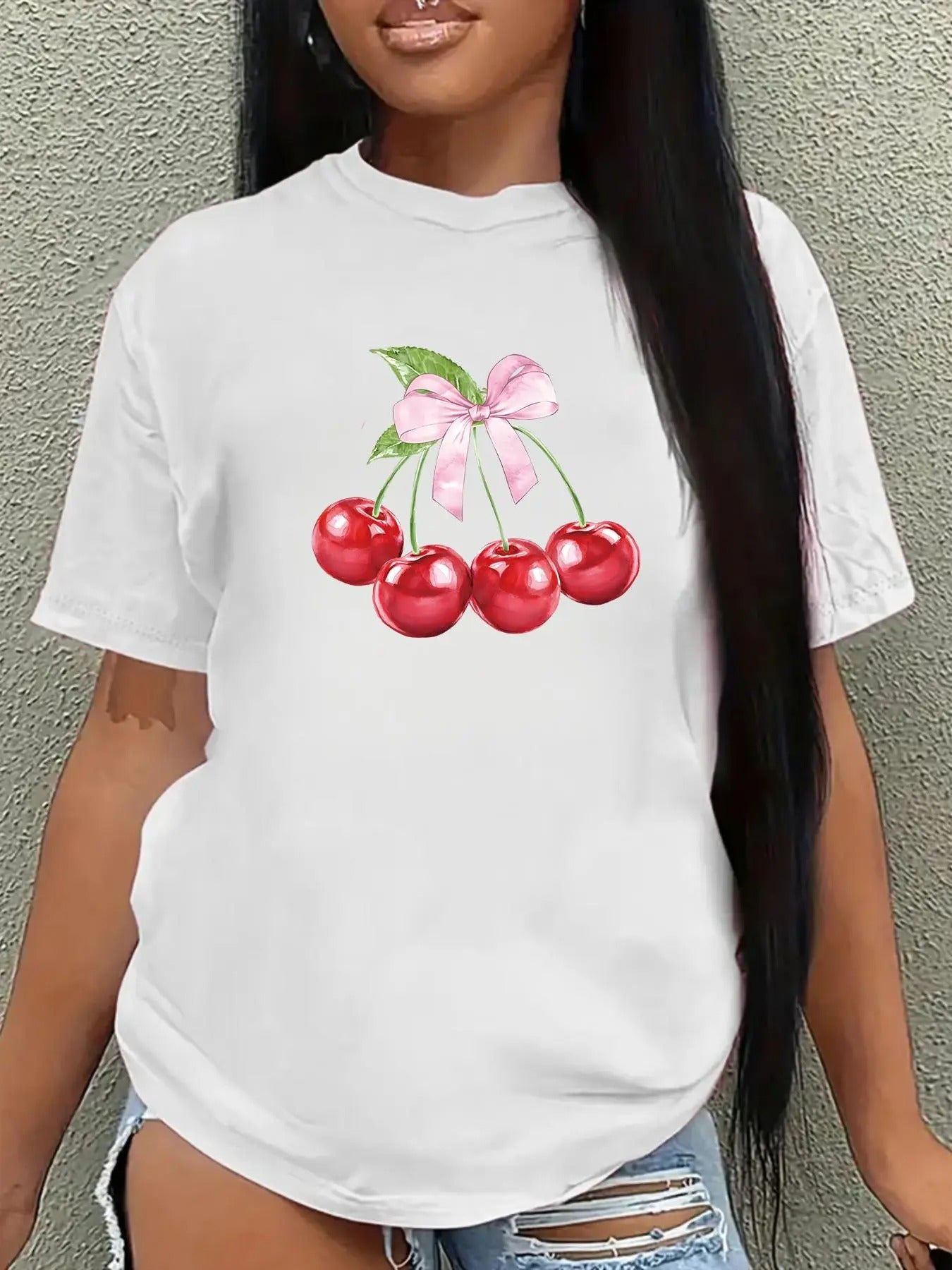 Women's Cherry & Bow Print Short Sleeve T-shirt, Casual Round Neck Graphic Tee for Summer, Fashion Women's Top for Daily...