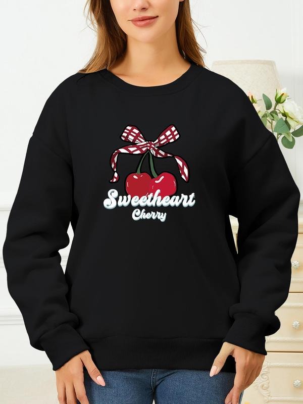 Women's Cherry & Bowknot Print Crew Neck Pullover, Casual Fashion Long Sleeve Sweatshirt for Daily Wear, Ladies Fall &...