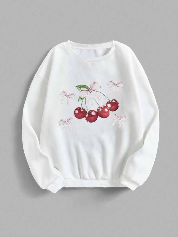 Women's Cherry & Bowknot Print Drop Shoulder Sweatshirt, Casual Long Sleeve Round Neck Pullover for Daily Wear, Ladies...