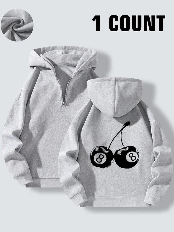 Women's Cherry & Figure Print Zipper Hoodie, Casual Drop Shoulder Long Sleeve Hooded Sweatshirt for Fall & Winter,...