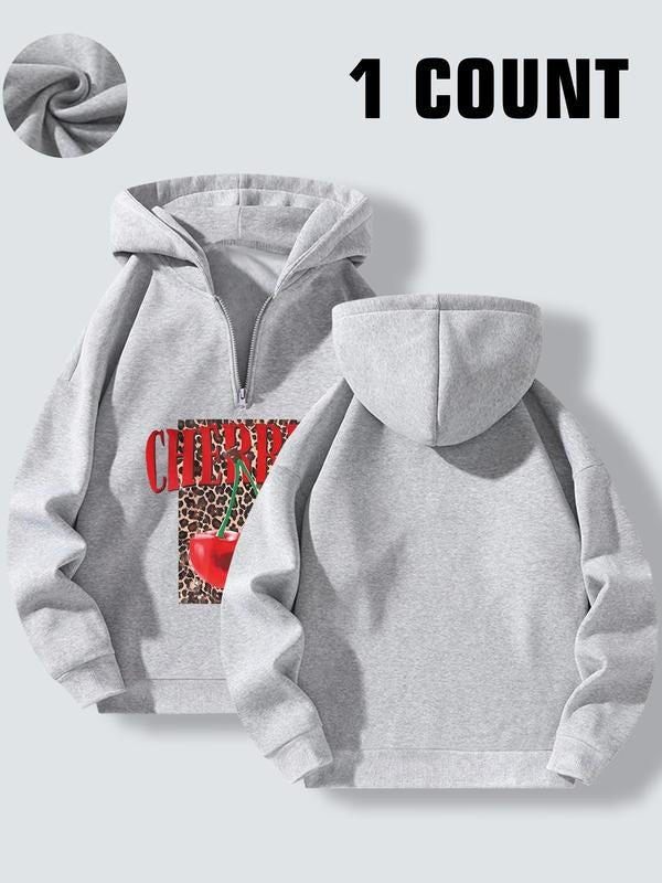Women's Cherry & Leopard Print Half Zip Hoodie, Casual Long Sleeve Hooded Sweatshirt, Ideal for Spring & Fall, Stylish...