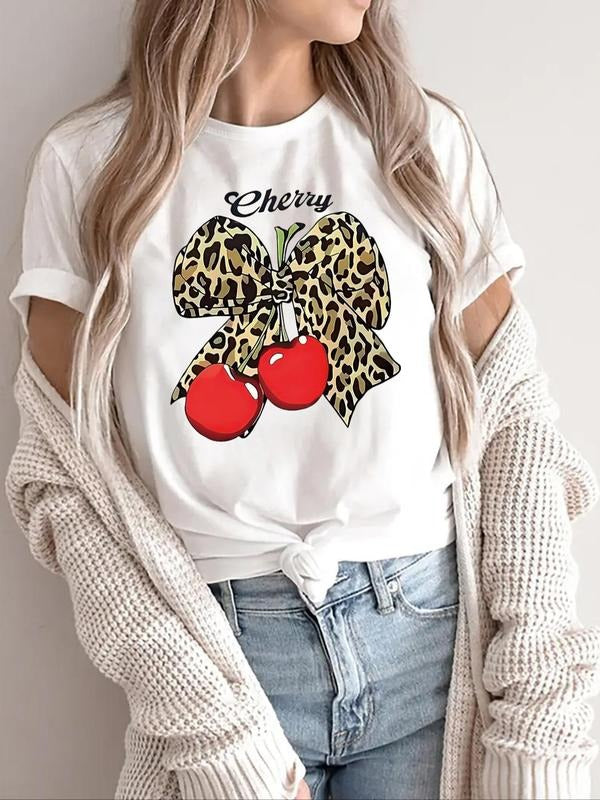 Women's Cherry & Leopard Print Round Neck Tee, Casual Short Sleeve Crew Neck T-shirt for Summer, Fashion Women's Top for...