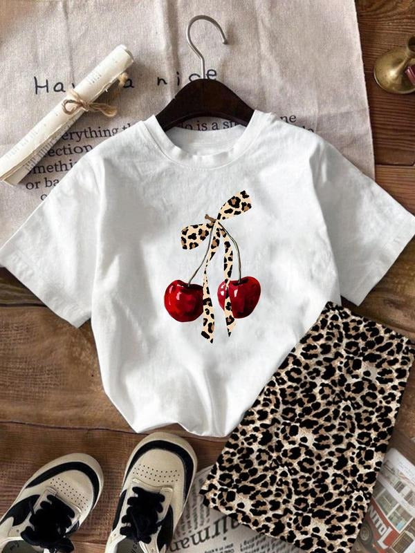 Women's Cherry & Leopard Print Round Neck Tee, Casual Short Sleeve T-shirt for Spring & Summer, Ladies Clothes for Daily...