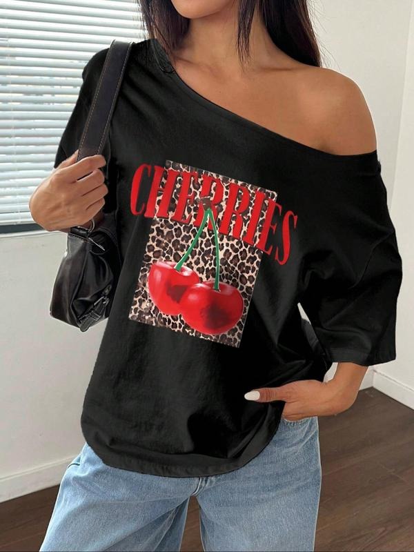 Women's Cherry & Letter Print Cold Shoulder Tee, Casual Fashion Scoop Neck T-shirt for Summer, Women's Top for Daily Wear...