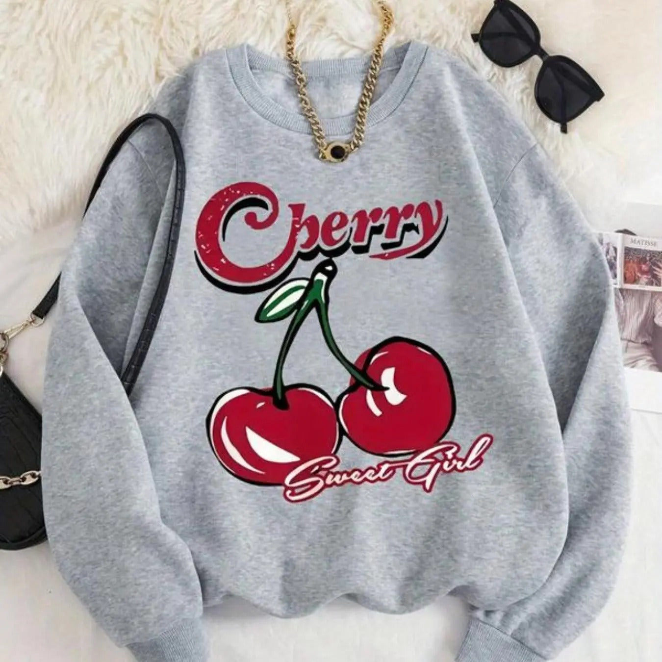 Women's Cherry & Letter Print Crew Neck Sweatshirt, Casual Drop Shoulder Long Sleeve Pullover for Spring & Fall, Fashion...