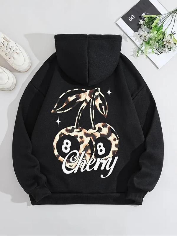 Women's Cherry & Letter Print Drawstring Pocket Hoodie, 2024 New Style Fashion Casual Hooded Sweatshirt for Daily Holiday...