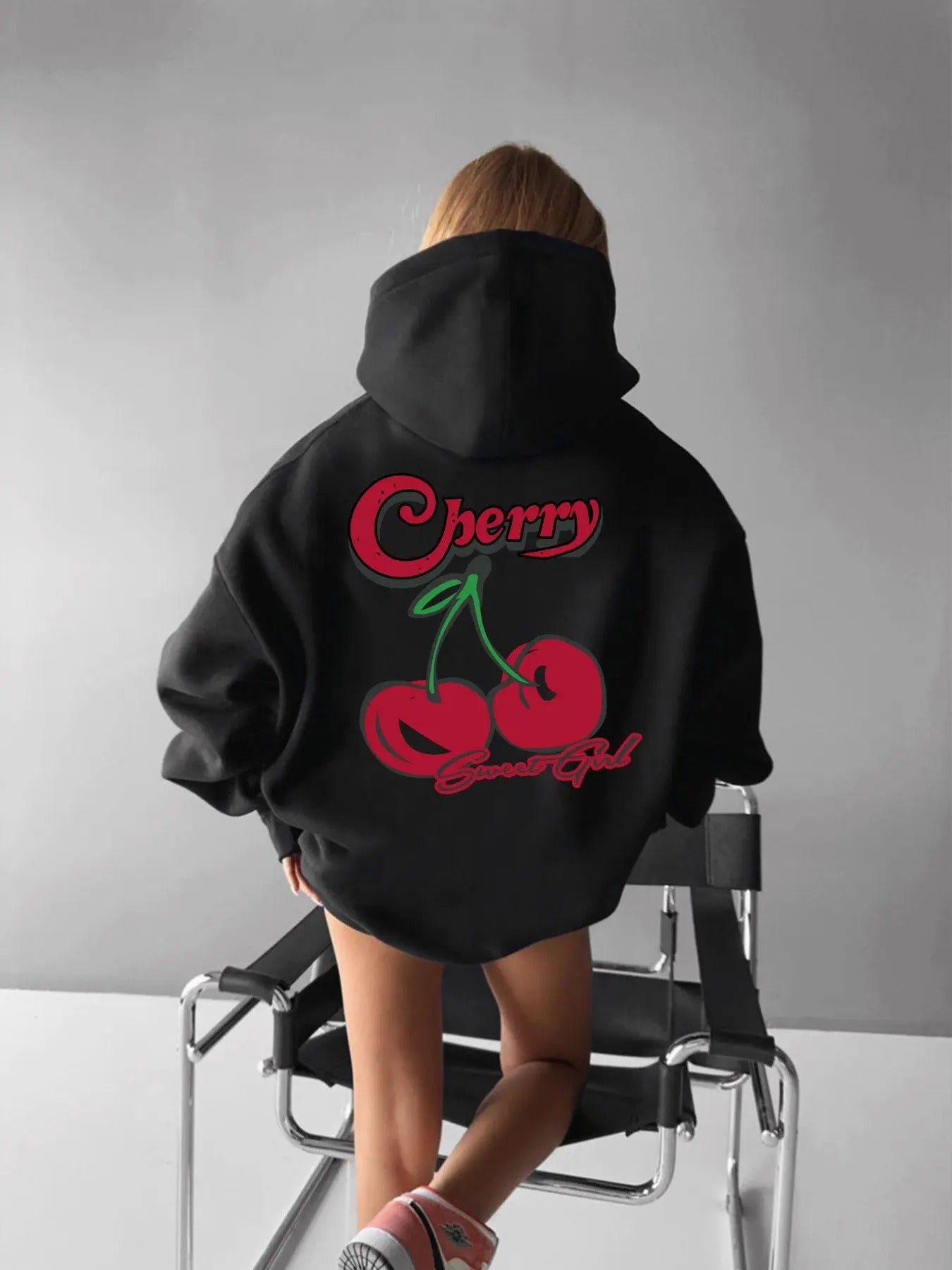 Women's Cherry & Letter Print Drawstring Pocket Hoodie, Casual Drop Shoulder Long Sleeve Hooded Sweatshirt, Ladies Fall &...