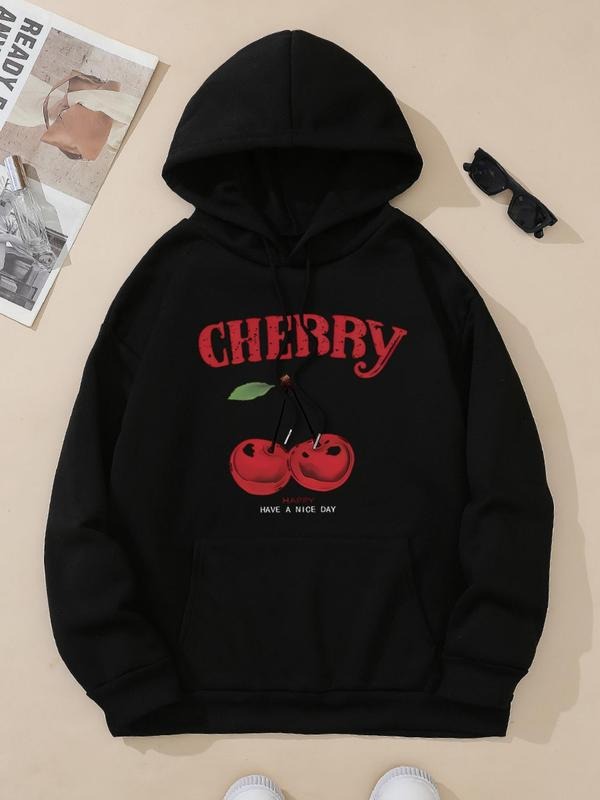 Women's Cherry & Letter Print Drop Shoulder Hoodie, Fashion Casual Drawstring Pocket Hooded Sweatshirt for Daily Holiday...