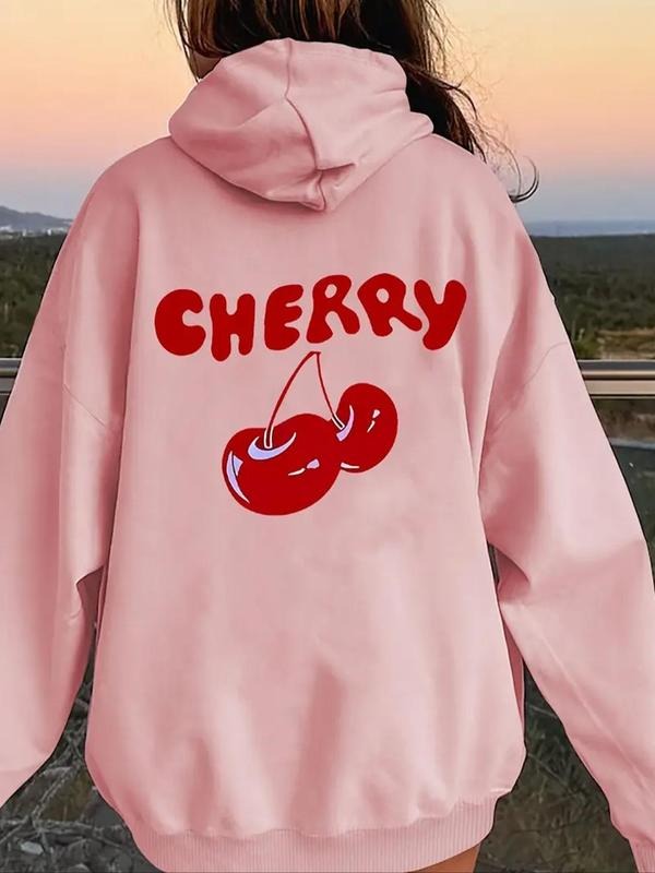 Women's Cherry & Letter Print Drop Shoulder Hoodie, Fashion Casual Drawstring Pocket Hooded Sweatshirt for Daily Holiday...