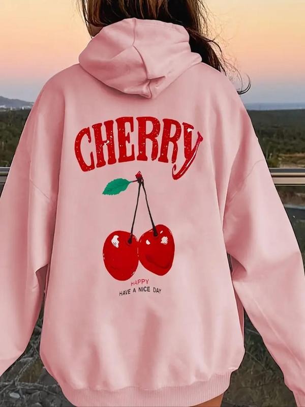 Women's Cherry & Letter Print Drop Shoulder Hoodie, Fashion Casual Drawstring Pocket Hooded Sweatshirt for Daily Holiday...